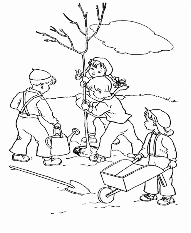 Coloring page children plant a tree in the garden